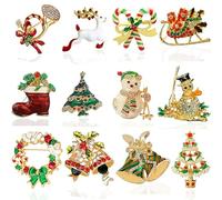 12 Pieces Christmas Brooch Crutches Elk Snowflake Tree Bell Boots Pin Brooch,Set 2,One Size
