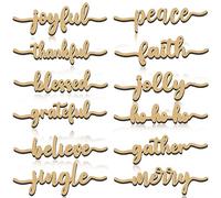 12 Pieces Christmas Word Wood Cutout Joyful Merry Thankful Grateful Blessed Peace Gather Word Sign Christmas Plate Cutout Rustic Merry Signs for Home Table Plate Decoration, Cute Style