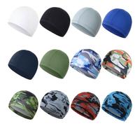 12 Pieces Cooling Skull Caps for Women Men Cycling Running Sports Beanie Hat Helmet Liner Sweat Wicking Cap Head Wraps, Mixed Camo & Solid Colors, 3-8