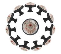 12 Pieces Drawer Knobs Soft Floral Elements in Sage Green Beige and Warm Browns 35mm Black Base Dresser Knobs Closet Door Cabinet Hardware Handles Pulls for Kitchen Bedroom Cupboard