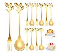 12 Pieces Gold Stainless Steel Dessert Spoons and Forks Set, 6 Leaf Spoons, 6 Leaf Forks, Mini Teaspoon, Ice Cream Spoon Fruit Fork, Party Tableware Decoration