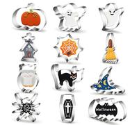 12 Pieces Halloween Cookie Cutters, Biscuit Cookie Cutter, Stainless Steel Biscuit Cutter Set with Pumpkin, Witch Hat, Bat, Ghost, Skull, Shaped Mould for DIY Fondant Cake Decoration Molds