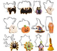 12 Pieces Halloween Cookie Cutters Set, Stainless Steel Cute Cookies Cutter Includes Pumpkin, Ghost, Witch, Zombie, Skull, Bat, Cat and More Spooky Cutters Molds Decorations