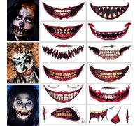 12 Pieces Halloween Temporary Horror Scary Mouth Clown Tattoo Stickers Prank Props Makeup Costume Accessories Face Kit Men or Women Adults Children Cosplay Party Masquerade