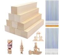 12 Pieces Linden Wood Blocks - 12.5x2.5x2.5 cm Hand-Carved Wood, Rectangular Cubes for Crafts, Blank Basswood Carving Blanks for Beginner, Unfinished Blocks with 20 Painting Brushes for DIY