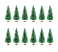 12 Pieces Mini Sisal Snow Frost Trees Christmas Trees Bottle Brush Trees Plastic Winter Snow Ornaments Tabletop Trees for Party Diorama Models Small Size Trees, Green 8.5cm