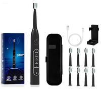 12 Pieces Set Sonic Electric Toothbrush, 5 Modes Waterproof Sonic Cleaning, 8 Brush Heads Carrying Case Toothbrush Holder for Kids and Adults Traveling, Camping, Riding (Black)