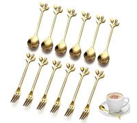 12 Pieces Tea Sugar Spoons, Stainless Steel Dessert Coffee Tea Spoon, Stainless Steel Tea Fork, Appetizer Dessert Forks, Including 6 Spoons and 6 Forks, For Kitchen Tea Parties and Coffee Shops (Gold)