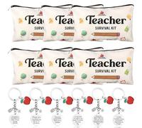 12 Pieces Teacher Appreciation Gifts Set 6 Teacher Survival Kit Makeup Pouch Canvas Cosmetic Bag Toiletry Bag for Travel and 6 Teacher Keychains Appreciation Key Ring for Women Teacher Christmas