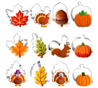 12 Pieces Thanksgiving Cookie Cutters Set, Mini Stainless Steel Cute Cookies Cutter Includes Pumpkin, Turkey, Maple, Oak Leaf, Squirrel, Chestnut, Football etc Autumn Fall Cutters Molds Decorations