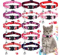 12 Pieces Valentine's Day Cat Collar with Bell Adjustable Valentines Puppy Collar Love Heart Lips Printed Kitten Collar Black Red Pink Breakaway Cat Collar with Cute Safety Buckle for Kitten Cat Puppy