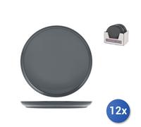 12 Plates Flat In Stoneware Stockholm, Gray, 28cm