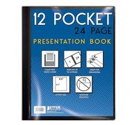 12 Pocket Bound Presentation Book, Black with Clear View Front, 24 Sheet Protector Pages, 8.5" x 11" Sheets, by Better Office Products, Art Portfolio, Durable Poly Covers, Letter Size, Black (2 Pack)