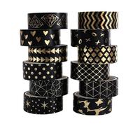 12 Rolls Washi Tape Set,Black Gold Foil Washi Tapes,Japanese Decorative Masking Tape,DIY Art Crafts Washi Tapes,Aesthetic Adhesive Washi Tape for Planners,Scrapbooking,Gift Wrapping