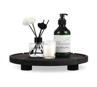 12'' Round Wooden Tray Pedestal Stand, Farmhouse Bathroom Decor Riser for Soap Dispenser, Perfume, Candle, 12'', Matte Black
