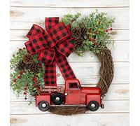 12" Rustic Rattan Red Berry Truck Buffalo Plaid Bow Wreath Holiday for Front Door Hanging Porch Home Window Wall Farmhouse Indoor Outdoor(Red)