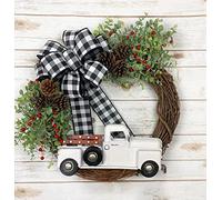12" Rustic Rattan Red Berry Truck Buffalo Plaid Bow Wreath Holiday for Front Door Hanging Porch Home Window Wall Farmhouse Indoor Outdoor(White)