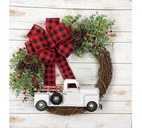 12" Rustic Rattan Red Berry Truck Buffalo Plaid Bow Wreath Holiday for Front Door Hanging Porch Home Window Wall Farmhouse Indoor Outdoor(Red White)