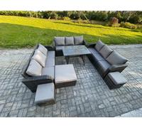 Fimous 12 Seater Wicker Rattan Garden Furniture Set with Rectangular Dining Table 3 Footstools Patio Outdoor Lounge Sofa Set
