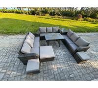 12 Seater Wicker Rattan Garden Furniture Set with Rectangular Dining Table Side Table 3 Footstools Patio Outdoor Lounge Sofa Set Fimous Dark Grey One Size
