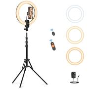 12" Selfie Ring Light with 63" Tripod Stand/Phone Holder, QEUOOIY 18W LED Circle Lights Dimmable 3000-6500K with Remote Control, Built-in 2800mAh Battery for Vlog, Makeup, YouTube, Camera,Streaming