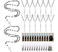 12 Set Rose Scented Wooden Bead Rosary Necklace, Catholic Rosary Wood Carved Beads with Jesus Cross, Wood Rosarys Beads Necklace Bulk with St Benedict Prayer Card Organza Bags Pouch Baptism Favors