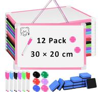 12 Sets A4 Hanging Magnetic Whiteboards, 30 x 20 cm Small Dry Wipe Boards, Double Sided Mini White Board with Pens, Erasers & Magnets for School Classroom, Home Learning & Office
