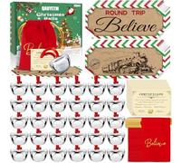 12 Sets Christmas Polar Express 1.8inch Believe Bells Santa Gifts Bulk Christmas Ornament Train Ticket with Tags Red Velvet Bag Christmas Movie Party Favors for Xmas Party Tree Decorations