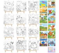 12 Sets Pre Drawn Canvas to Paint Stretched Coloring Painting Canvas Panels with Design Easel and Brushes for Party Supplies Beginner Favor - Cute Style