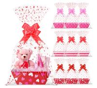 12 Sets Valentines Day Gift Basket Empty with Heart Printed Cellophane Basket Bags, Cardboard Valentine Gift Basket Empty to Fill with Bows Ribbons for Valentine’s Day Wedding Anniversary Party