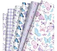 12 Sheet Butterfly Wrapping Paper Purple Butterfly Flower Gift Wrap Paper Bulk Spring Flower Plaid Art Paper for Wedding Baby Shower Birthday DIY Crafts Gift Packing,19.7 x 27.6 Inch, Folded Flat, 6