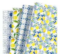 12-Sheet Chinese-Style Lemon Wrapping Paper Set | Watercolor Blue Tile and Yellow Lemon Pattern, Perfect for Summer Gift Wrapping, Diy Crafts, Weddings and Birthdays. (Lemon Yellow Blue color)