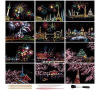 12-Sheet Scratch Art Postcard Set, Rainbow Cityscapes for Teens & Adults | Mini Engraving Cards, 7.9 x 5.5 in, with Fireworks and Skyline Scenes for Tabletop Crafts, Travel Breaks, Gifts and Display