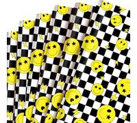 12 Sheets 28 * 20 Inches one Happy Dude Theme Gift Wrap Paper, Black Yellow Smiley Faces Lightning Printed Wrapping Paper with Checkered Patterns for First Birthday Party Baby Shower DIY Craft
