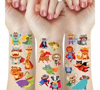 12 Sheets Animal Superhero Temporary Tattoos - Koala Rabbit Giraffe Lion Monkey - Cartoon Cape Mask Body Art for Birthday Party Favor