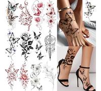 12 Sheets Beautiful Butterfly Flowers Temporary Tattoos For Women Feet Hands Body Art, Realistic Rose Peony Floral Fake Tattoo Sticker For Legs Ankle, Waterproof Lily Dreamcatcher Temp Tatoos Decals