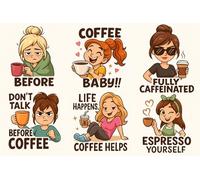 12 Sheets Coffee Girl DTF Transfers for T-Shirts - Ready to Press Heat Transfers - Washable Iron-On Decals for Women Men Clothing, Hats, Bags & DIY Crafts (Funny Coffee Girl)