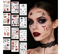 12 Sheets Face Tattoo Vampire Costume Face Stickers Zombie Witches Accessories Scars Bat Devil Tattoos for Halloween Carnival Fancy Dress Accessories