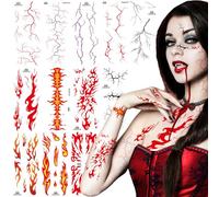 12 Sheets Flame Temporary Tattoo Stickers Red Orange Black Fake Scars Blood Vessel Tattoos Sticker Face Body Arm Makeup Decoration for Women Men Halloween Cosplay Festival Party Decor