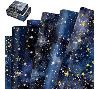 12 Sheets Gift Wrapping Paper, Star Wrapping Paper Roll, Blue Gold Night Starry Sky Gift Wrap for Christmas Bachelorette Party Baby Shower Anniversary Wedding Mothers Day Gift Decoration, 50x70cm