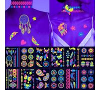 12 Sheets Glow in the Dark Neon Temporary Tattoos, Multiple Designs Body Face Skin Tattoo for Party Rave Festival, UV Neon Waterproof Fake Tattoo Stickers for Women Girls Party Supplies