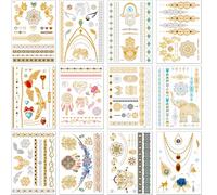 12 Sheets Gold Tattoo Stickers，Waterproof Mandala Flower Temporary Tattoos, Arm Neck Face Lace Tattoos Sticker for Festival Vacation Makeup Rave,Flash Gold Temporary Tattoos Women Adult