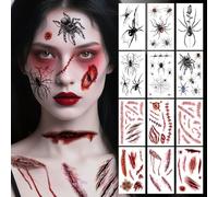 12 Sheets Halloween Face Tattoo with Spider Web & Bloody Scars - Scary Temporary Tattoos for Women Men Children Zombie Vampire Makeup Accessories Carnival Fancy Dress