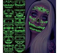 12 Sheets Halloween Face Temporary Tattoos, Luminous Tattoo Stickers for Adults, Scary Witch Zombie Makeup Paint Decals Kit for Day of The Dead, Glow in The Dark Party Favors Decoration Supplies