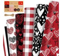 12 Sheets Love Wrapping Paper - Red White Black Hearts Wrapping Paper, Sweet Love Art Paper with Jute Twine Sticker for Wedding Anniversary Baby Shower Birthday Christmas Thanksgiving Gift Packing, 20