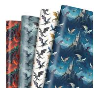 12 Sheets Magic Dragon Wrapping Papers, Cool Dragon Gift Wrap Papers with Castle Volcano, Fantasy Gift Packing Paper Art Paper for Boys Girls Birthday Baby Shower Magical Party Decor, 28 x 20IN