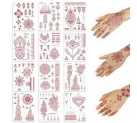 12 Sheets Temporary Tattoo Sticker For Women Girls, Waterproof Indian Lace Mandala Flower Pattern, Brick Red Fake Tattoos for Neck Chest Arms Legs Stickers for Wedding Party Art
