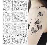 12 Sheets Temporary Tattoo Stickers Black Butterfly Sexy Design for Hand Arm Chest Waterproof Fake Tattoos for Women Party Festival