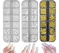 12 Size Nail Charms, 3 Box Nail Art Accesories Pearl & Half Round Pearl & Gold Moon Star Flat Back Nail Decor for Nail Art, Clothes, Face, Craft