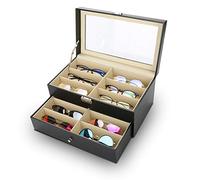 12-Slot Sunglasses Organizer Box, PU Leather and MDF Construction with Transparent Cover, Storage Case for Eyeglasses, Earrings, Watches, Cosmetics